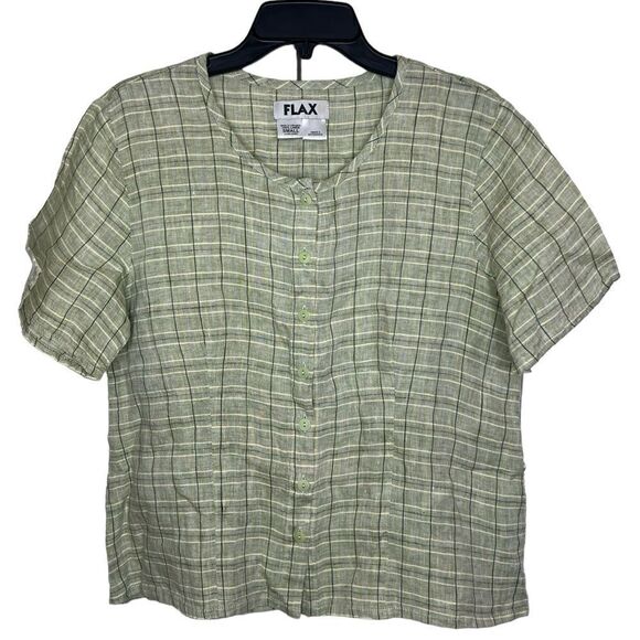 Flax Green/Yellow Short Sleeve Check 100% Linen Lagenlook Button Front Shirt - Picture 1 of 8